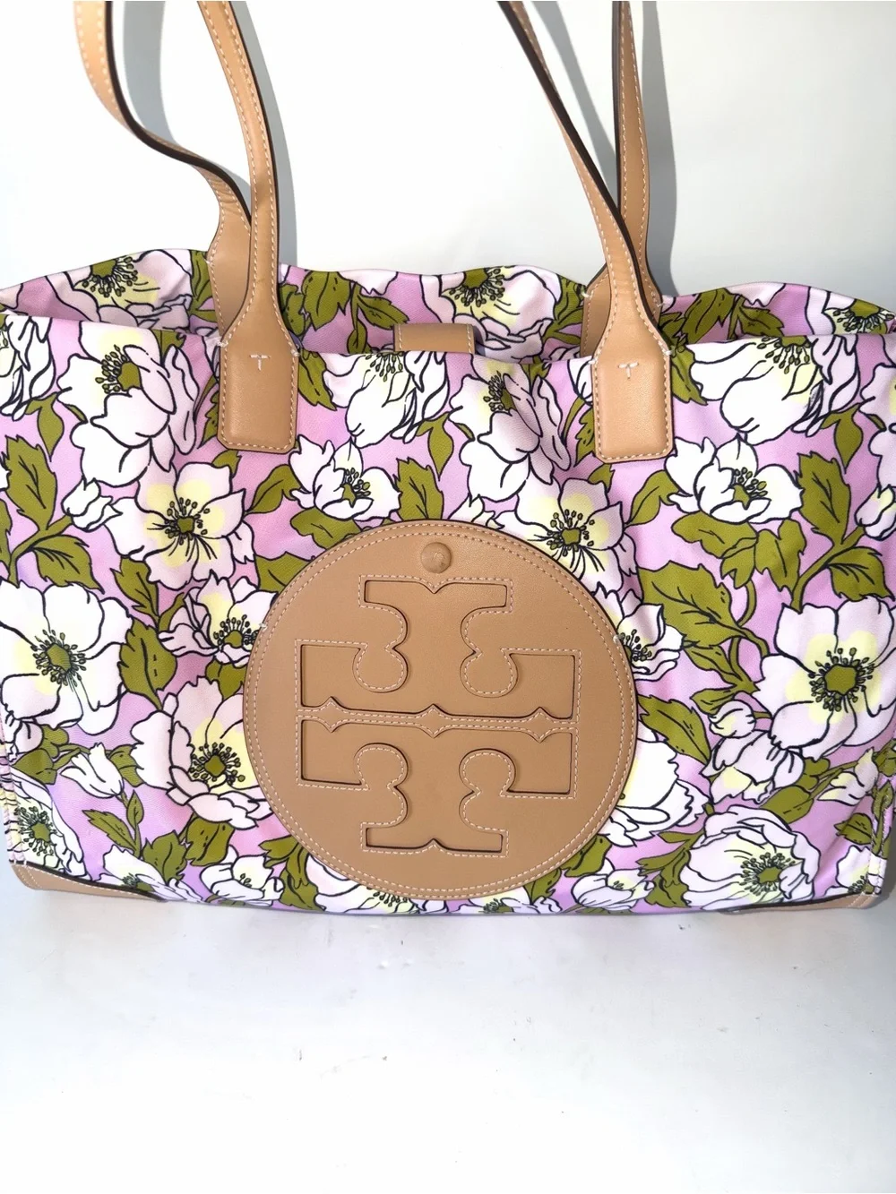 Tory Burch Ella Pink Floral Print Tote with Tan Leather Logo Laptop Sleeve